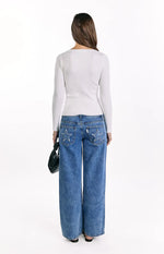 Kippy White Ribbed Knit Button Up Long Sleeve Sweater