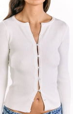 Kippy White Ribbed Knit Button Up Long Sleeve Sweater