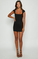 Black bodycon mini dress with a square neckline and short cap sleeves