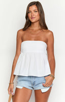 Beginning Boutique Klee White Strapless Tie Back Top white strapless top with a fitted bust and gathered peplum hem