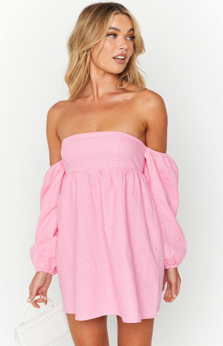 Koa Pink Off Shoulder Linen Mini Dress - US 6 Koa Pink Off Shoulder Linen Mini Dress - US 6