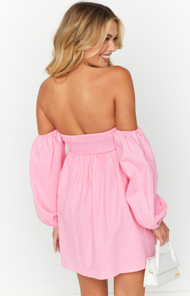 KOA Pink Off Shoulder Linen Mini Dress - US 6 | Beginning Boutique exclusive KOA Pink Off Shoulder Linen Mini Dress - US 6 | Beginning Boutique exclusive