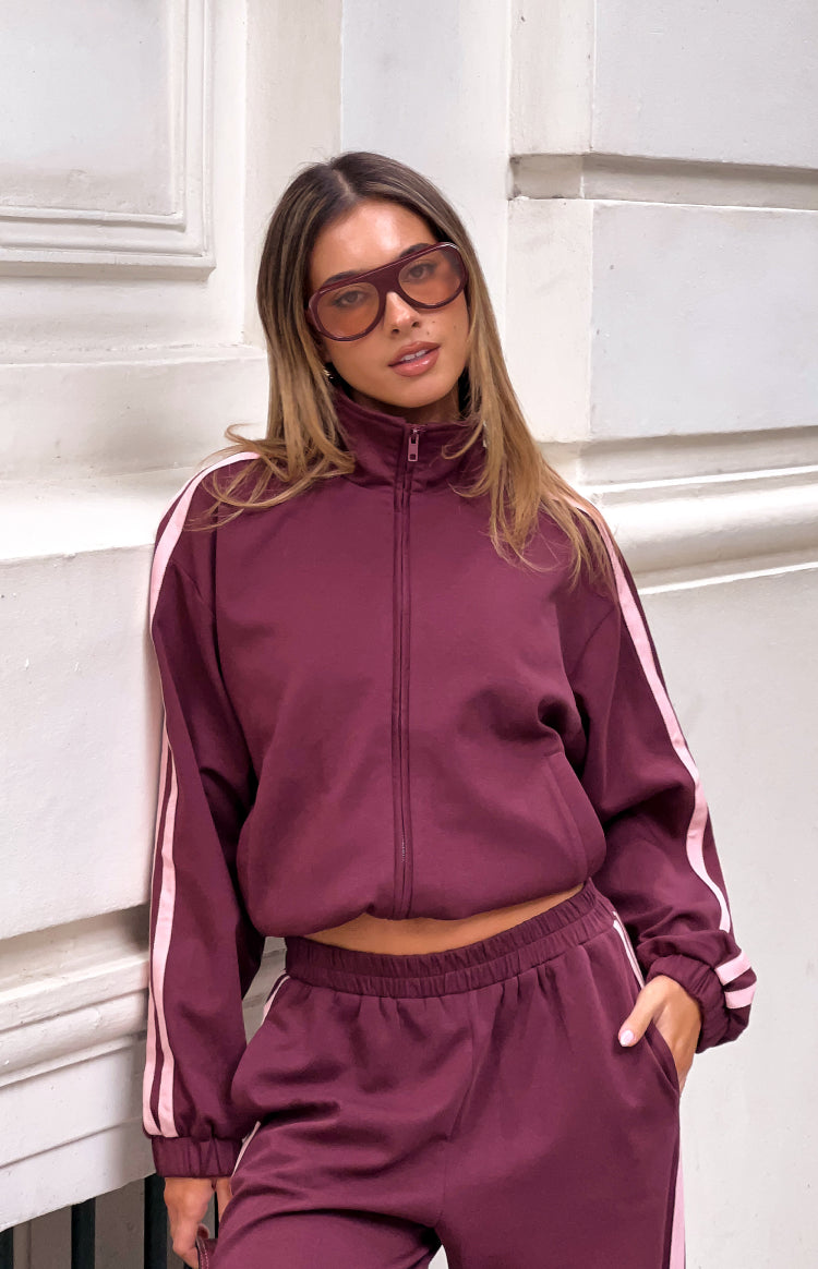 Beginning Boutique Kosie Burgundy And Pink Stripe Track Jacket | Beginning Boutique