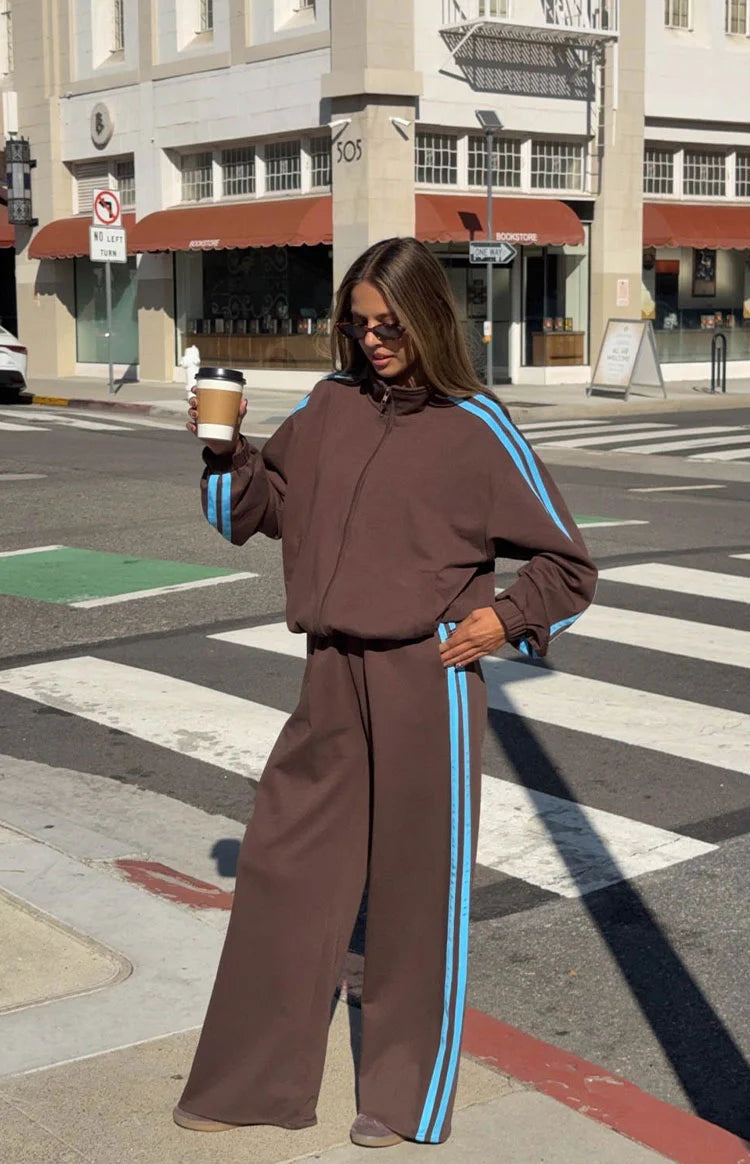 Kosie Chocolate And Blue Stripe Track Pants | Beginning Boutique US