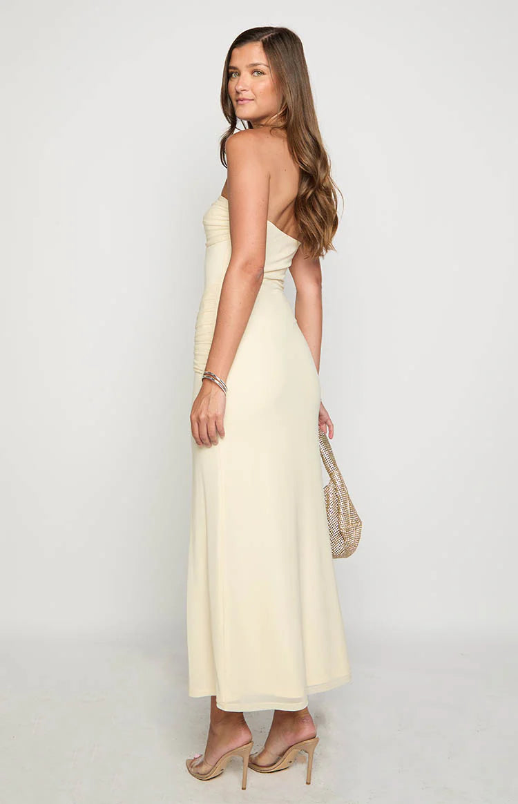Krissy Cream Mesh Strapless Maxi Dress - US 8 | Beginning Boutique Exclusive Krissy Cream Mesh Strapless Maxi Dress - US 8 | Beginning Boutique Exclusive
