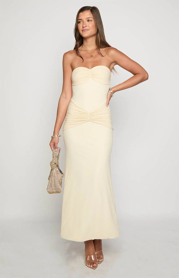 Krissy Cream Mesh Strapless Maxi Dress - US 8 | Beginning Boutique Exclusive Krissy Cream Mesh Strapless Maxi Dress - US 8 | Beginning Boutique Exclusive