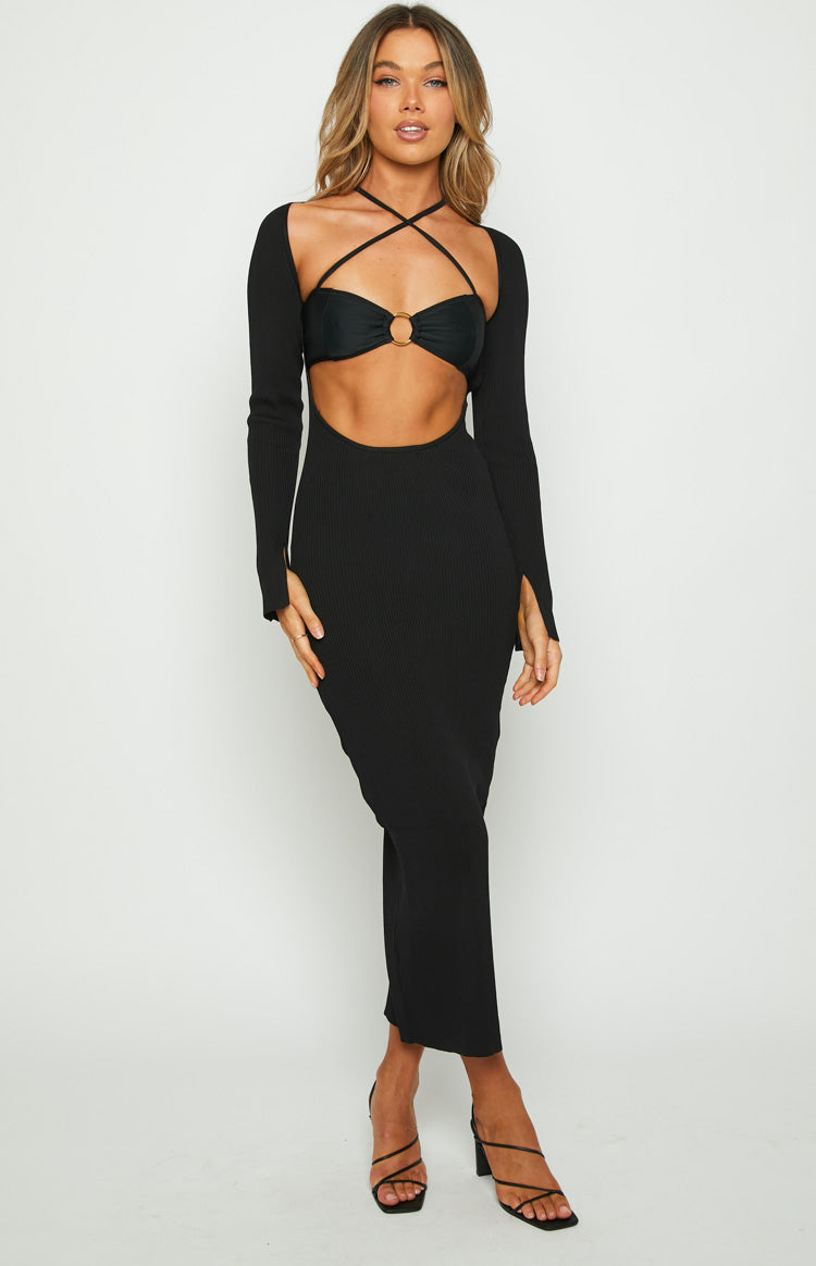 fitted lace wedding dress Kylie Black Maxi Dress - US 2