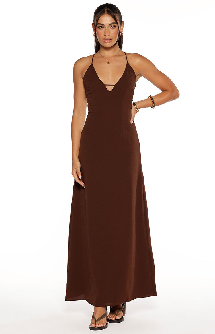 La Jolla Brown V-Neck Maxi Dress - US 14 | Beginning Boutique Exclusive La Jolla Brown V-Neck Maxi Dress - US 14 | Beginning Boutique Exclusive