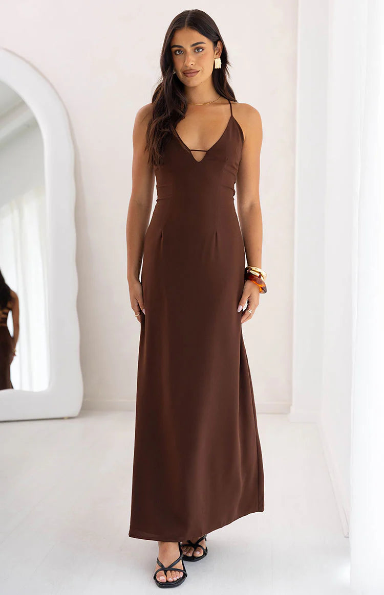 brown spaghetti strap maxi dress Brown Beaded Spaghetti Strap Knit Maxi Dress Resort Canary Houze