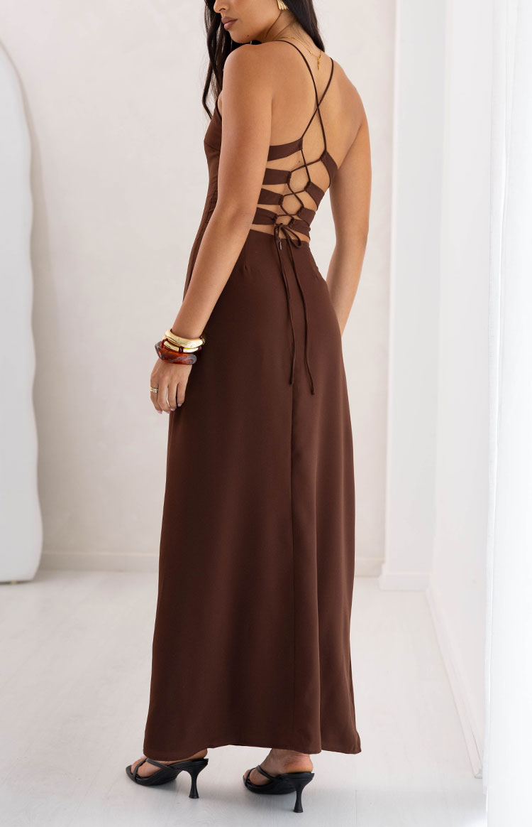 Full front view of a brown V-neck maxi dress with thin spaghetti straps and a horizontal bust strap