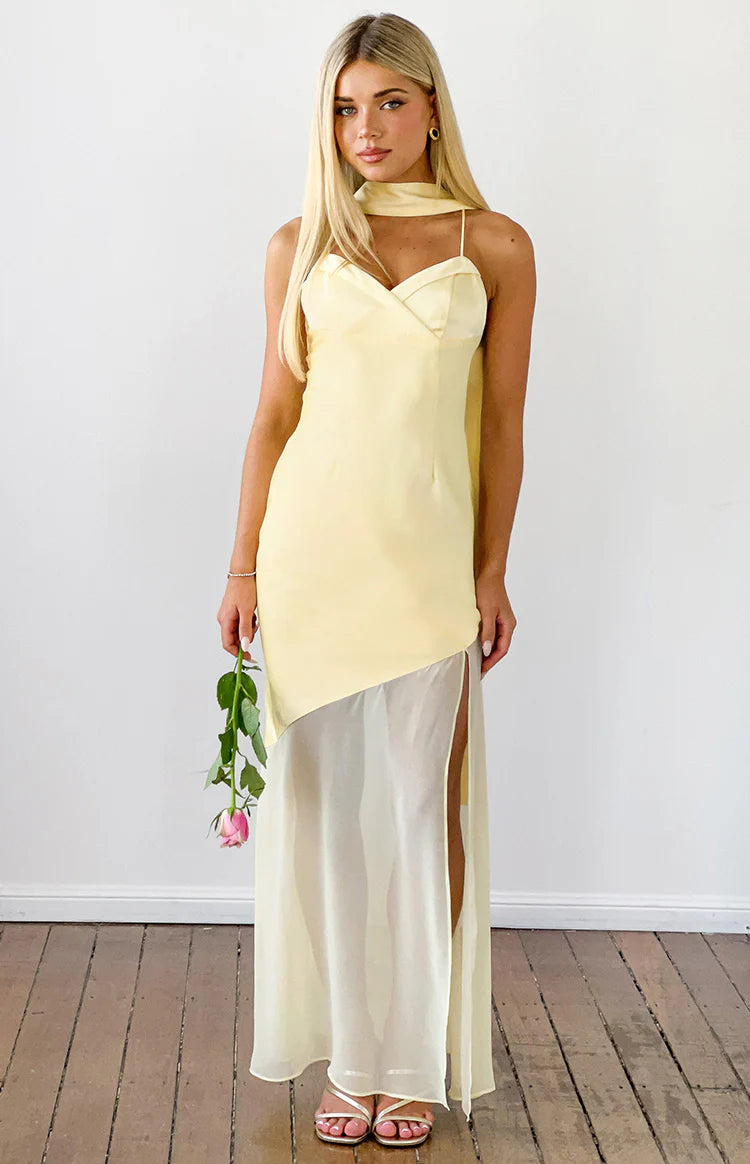 Laila Yellow Satin Scarf Formal Maxi Dress - US 6