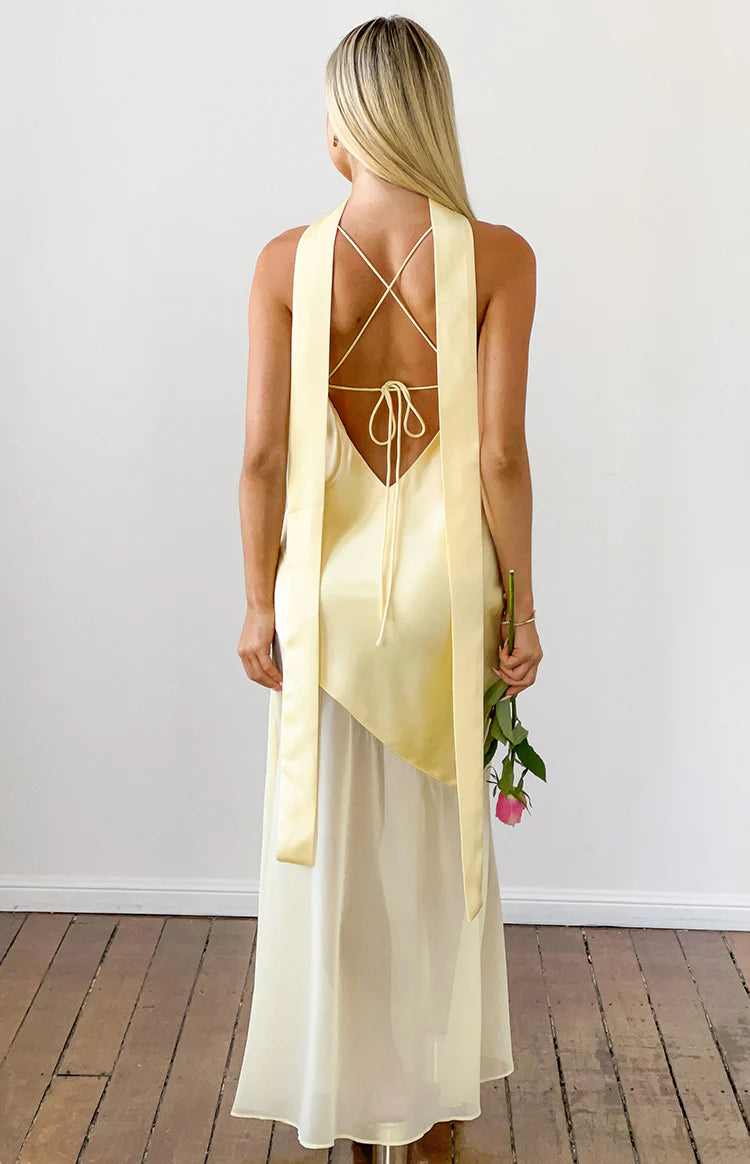 Laila Yellow Satin Scarf Formal Maxi Dress - US 12 | Beginning Boutique Exclusive Laila Yellow Satin Scarf Formal Maxi Dress - US 12 | Beginning Boutique Exclusive