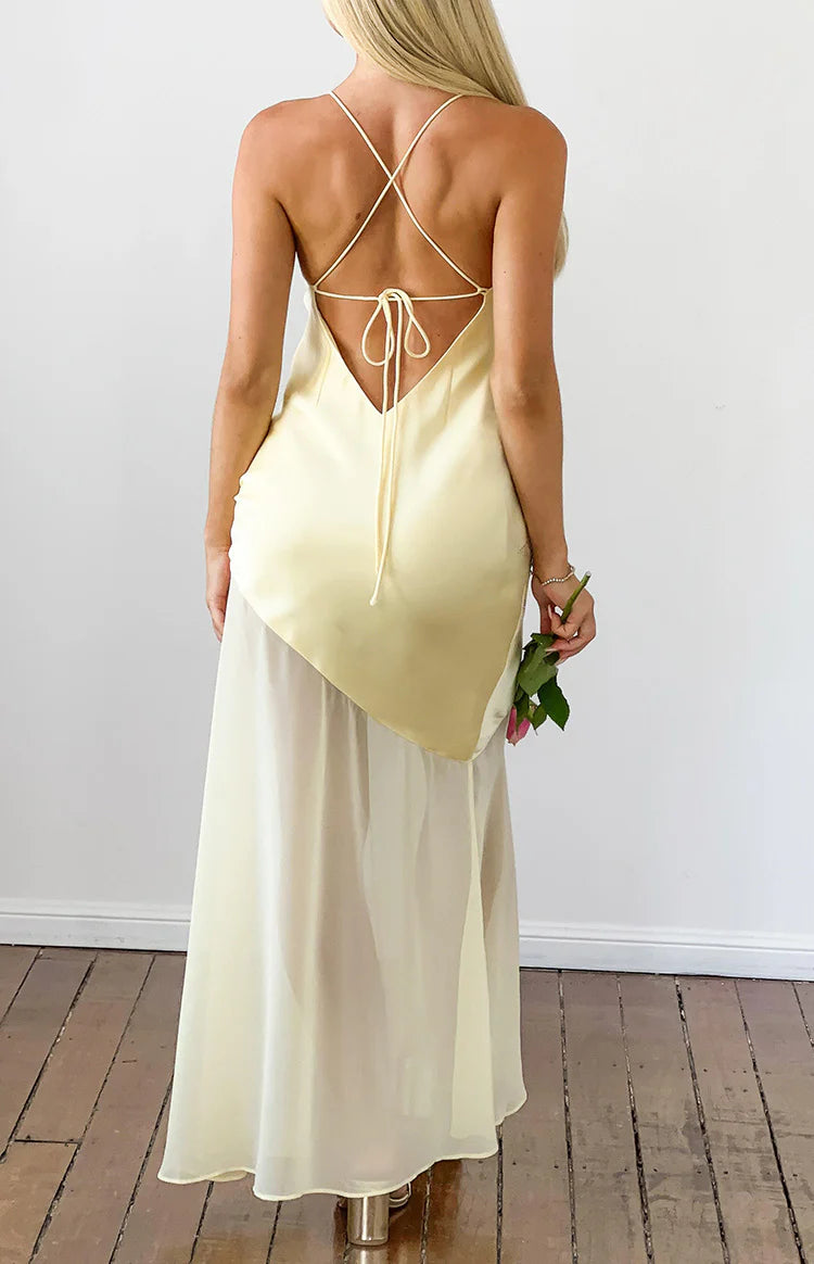 Laila Yellow Satin Scarf Formal Maxi Dress - US 12 | Beginning Boutique Exclusive Laila Yellow Satin Scarf Formal Maxi Dress - US 12 | Beginning Boutique Exclusive