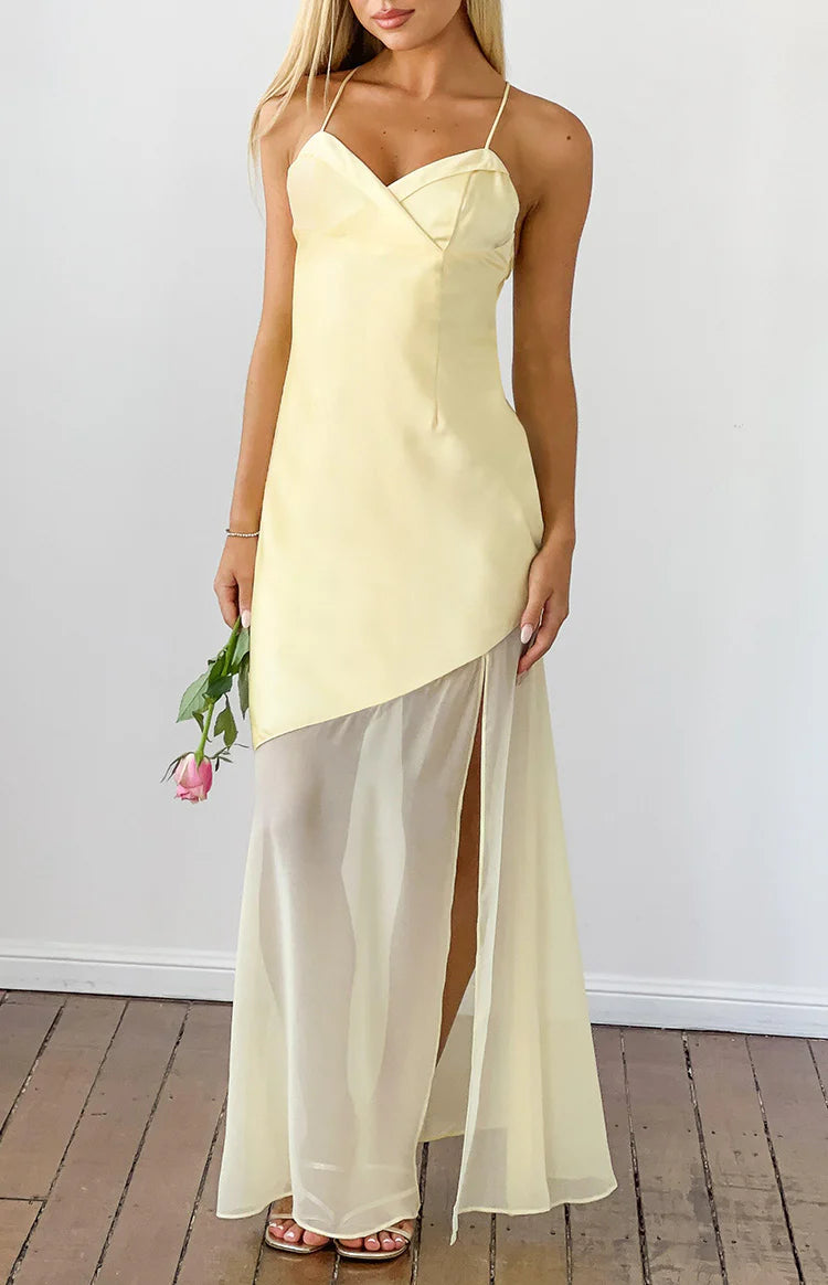 Laila Yellow Satin Scarf Formal Maxi Dress