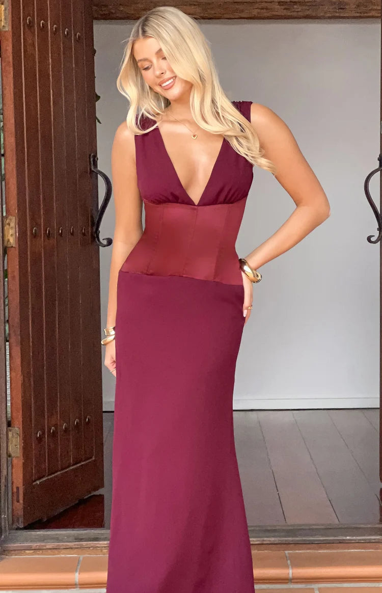 Lara Burgundy Contrast Satin Maxi Dress