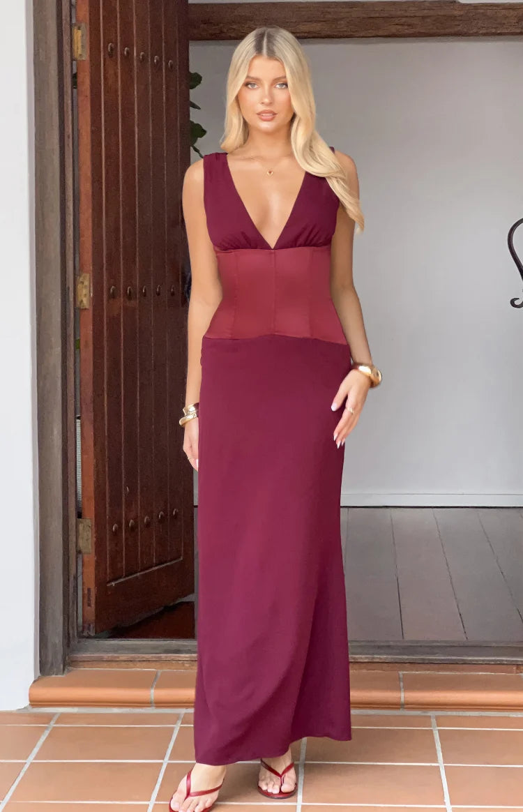 Lara Burgundy Contrast Satin Maxi Dress