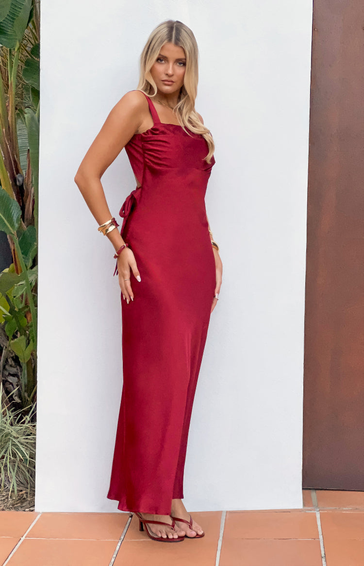 formal wine dress Laria Satin Maxi dark wine red dress