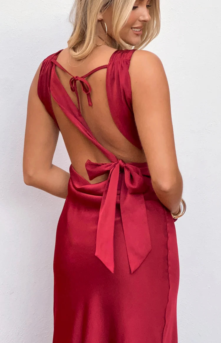 Laria Wine Satin Formal Maxi Dress - US 14