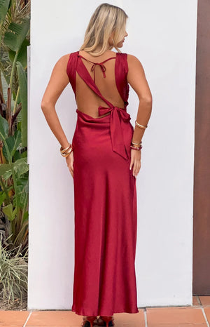 Laria Wine Satin Formal Maxi Dress