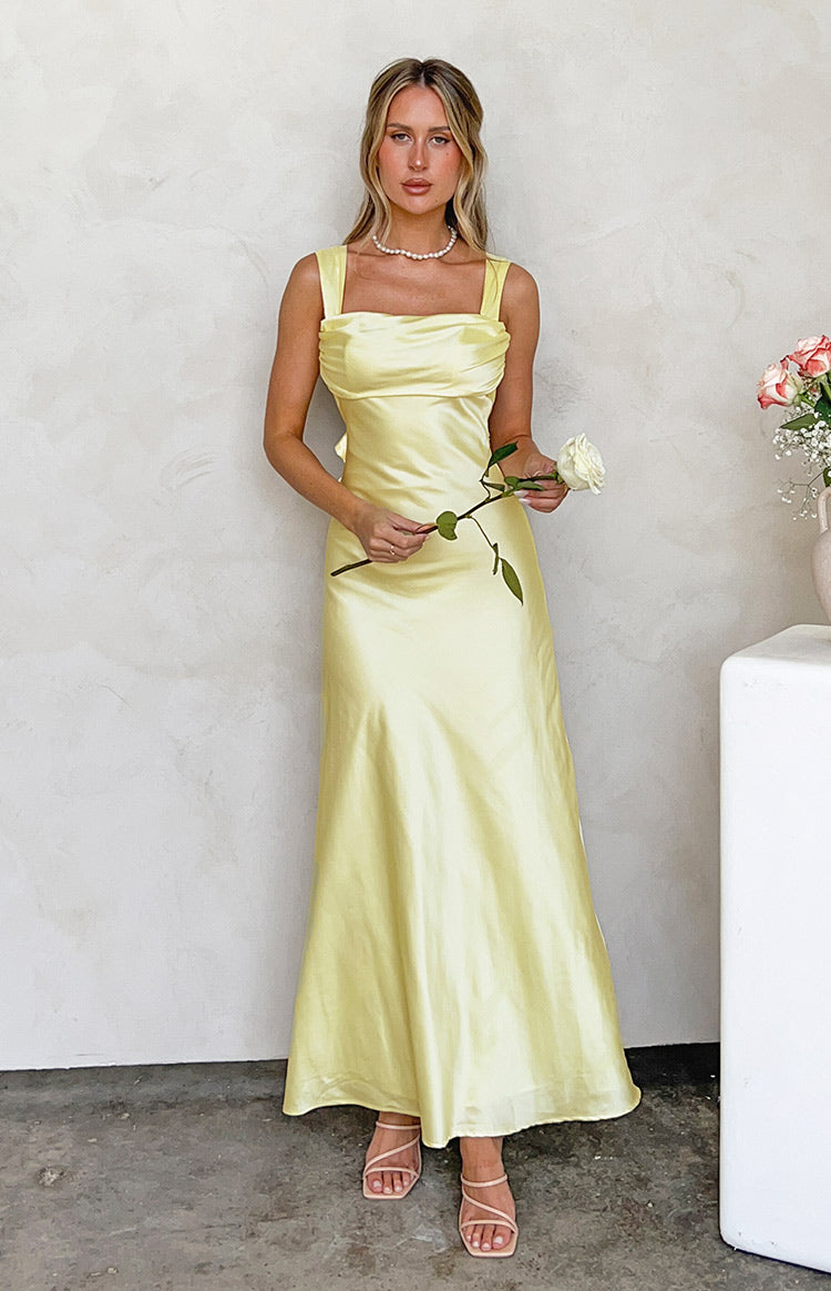 Laria Yellow Satin Formal Maxi Dress Image