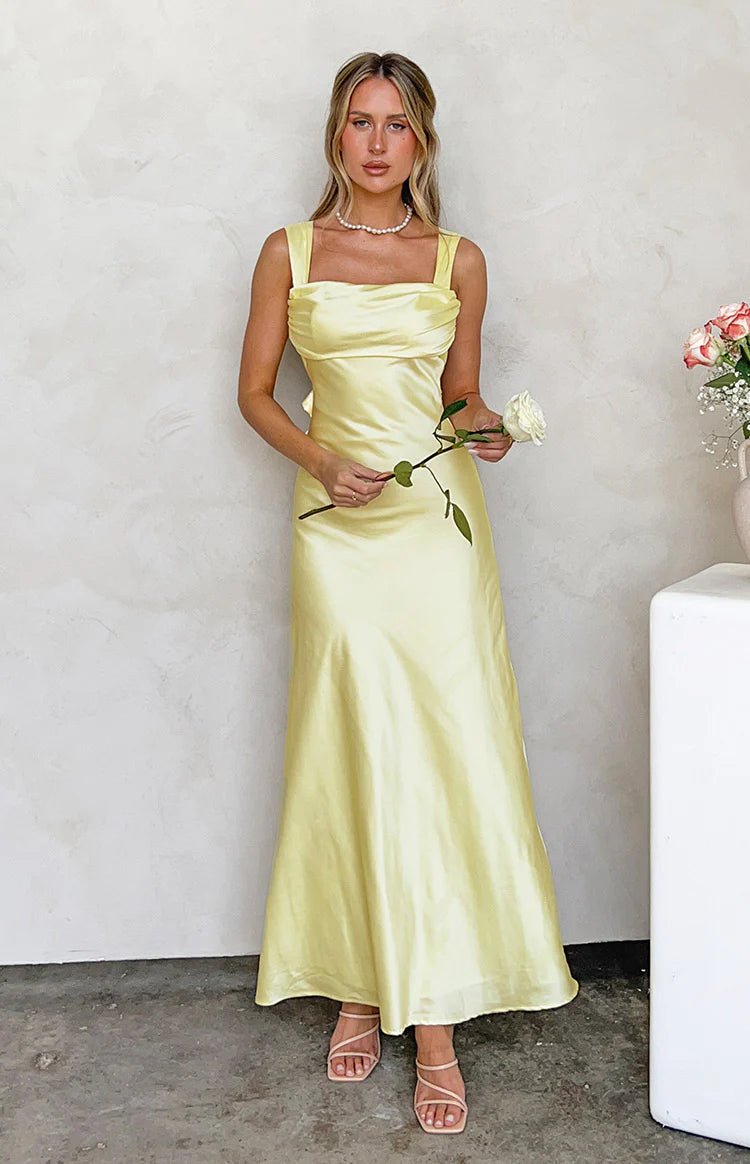 Laria Yellow Satin Formal Maxi Dress - US 4 | Beginning Boutique Exclusive Laria Yellow Satin Formal Maxi Dress - US 4 | Beginning Boutique Exclusive