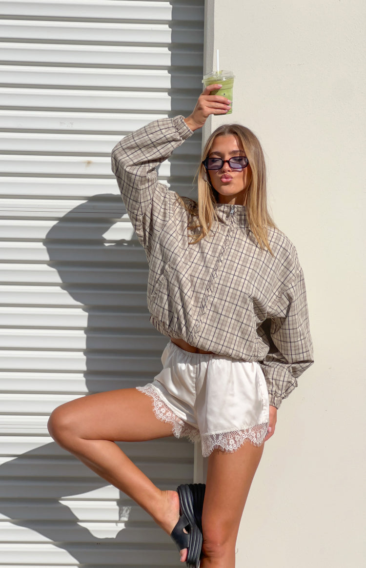 Beginning Boutique Lee Beige Plaid Funnel Neck Jacket | Beginning Boutique