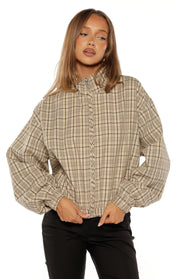 Beige plaid cropped funnel neck jacket with a half-zip, braided front detail, and voluminous elasticated sleeves