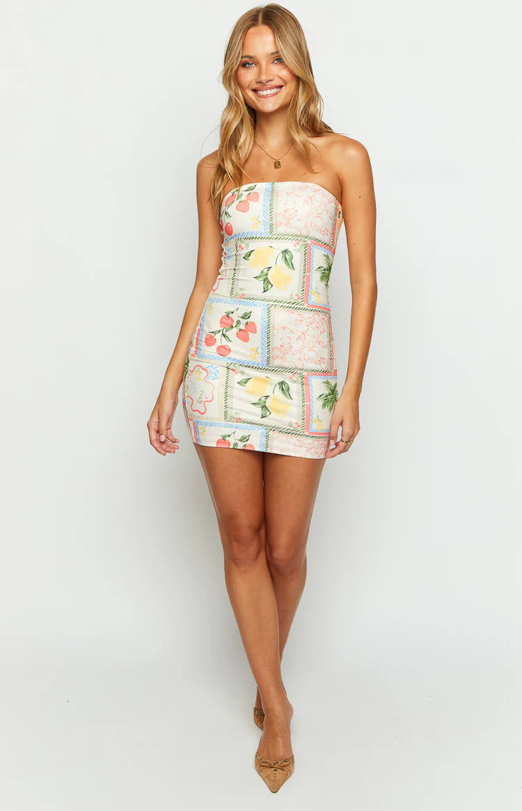 lee white roma print strapless mini dress Lee White Roma Print Strapless Mini Dress