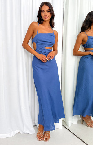 Beginning Boutique Lene Blue Maxi Dress blue square neck maxi dress with thin spaghetti straps side waist cutouts and ruched detailing