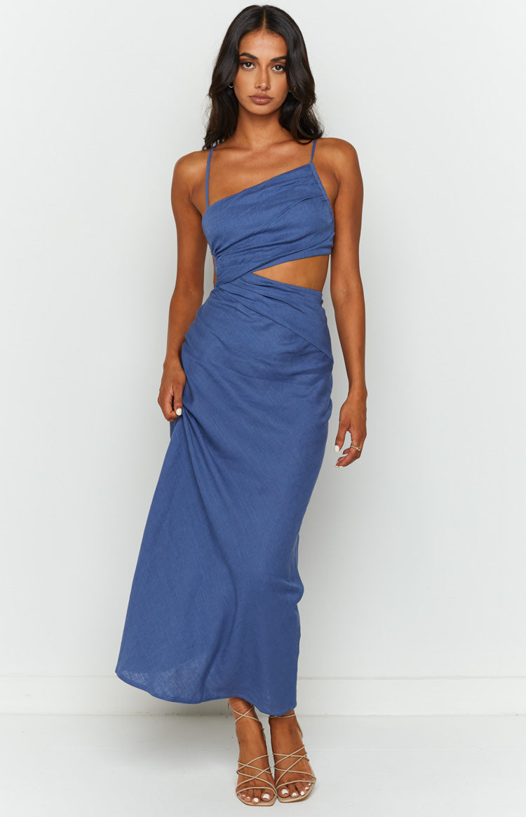 Front view of a blue maxi dress with an asymmetrical one-shoulder neckline, side cutout, and draped waist
