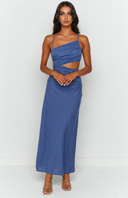 Front view of a blue maxi dress with an asymmetrical one-shoulder neckline and side waist cutouts