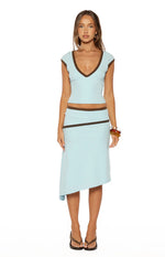 Close-up of the light blue fitted skirt with dark brown contrast binding at the waist