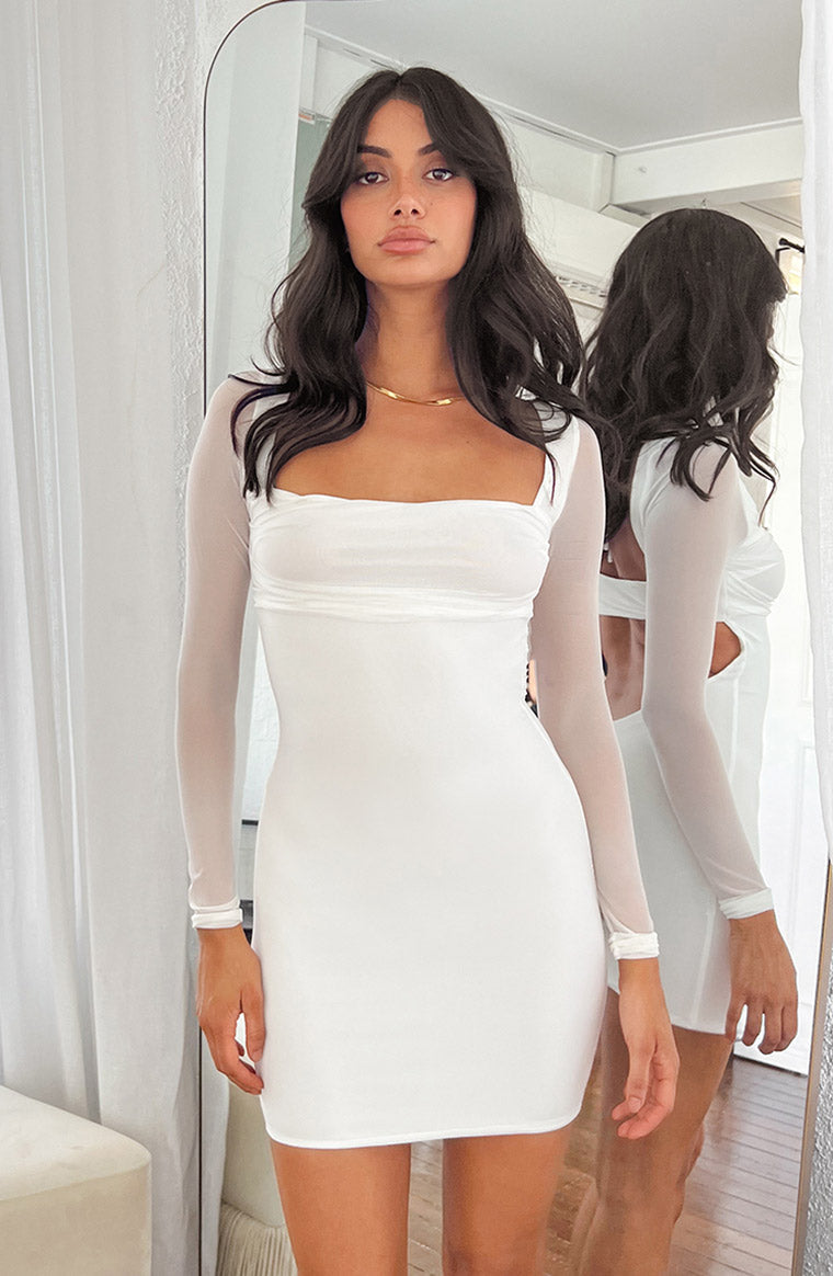 Leyna White Mesh Long Sleeve Dress, | Shop Mini Dresses by Beginning Boutique