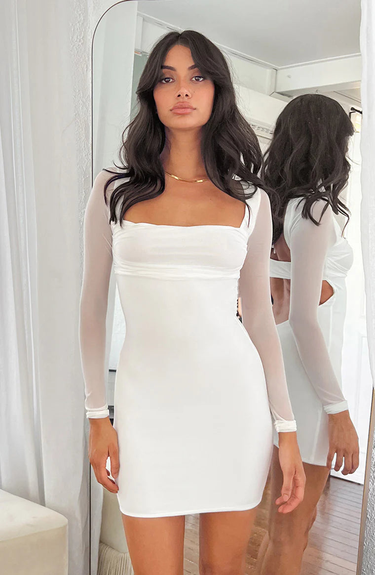 Leyna White Mesh Long Sleeve Dress - US 4 | Beginning Boutique Exclusive Leyna White Mesh Long Sleeve Dress - US 4 | Beginning Boutique Exclusive