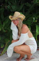Li White Crochet Long Sleeve Mini Dress Image