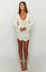 Li White Crochet Long Sleeve Mini Dress
