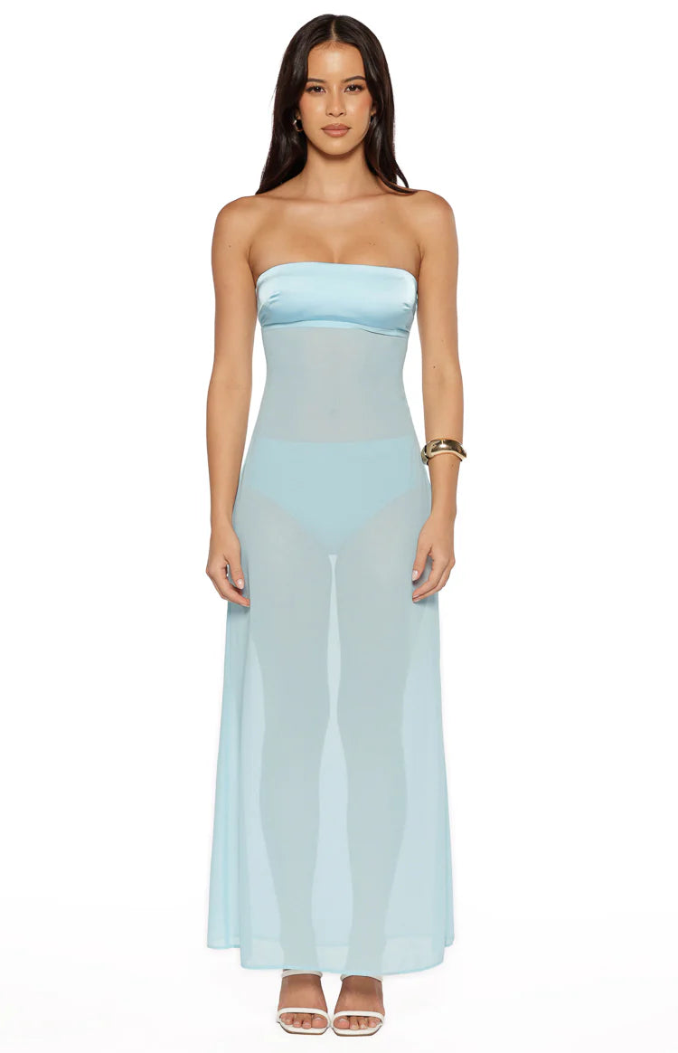 maxi dress wrap front Lidia Blue Wrap Front Maxi Dress - US 2