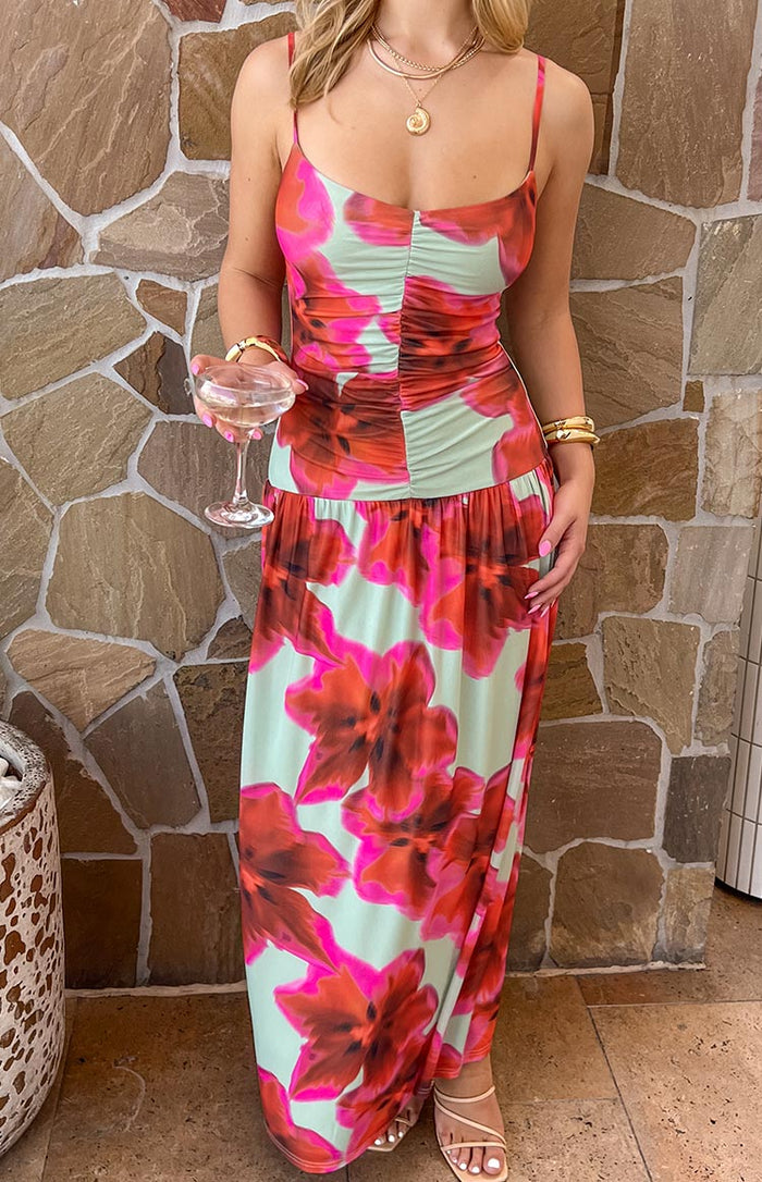 Lilliana Green Floral Print Maxi Dress - US 8 | Beginning Boutique exclusive