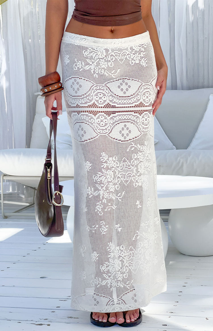White crochet lace maxi skirt with alternating sheer and patterned bands