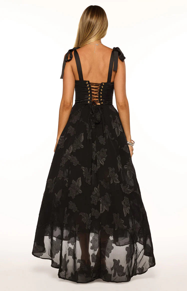 Lily Black Tie Shoulder Formal Maxi Dress