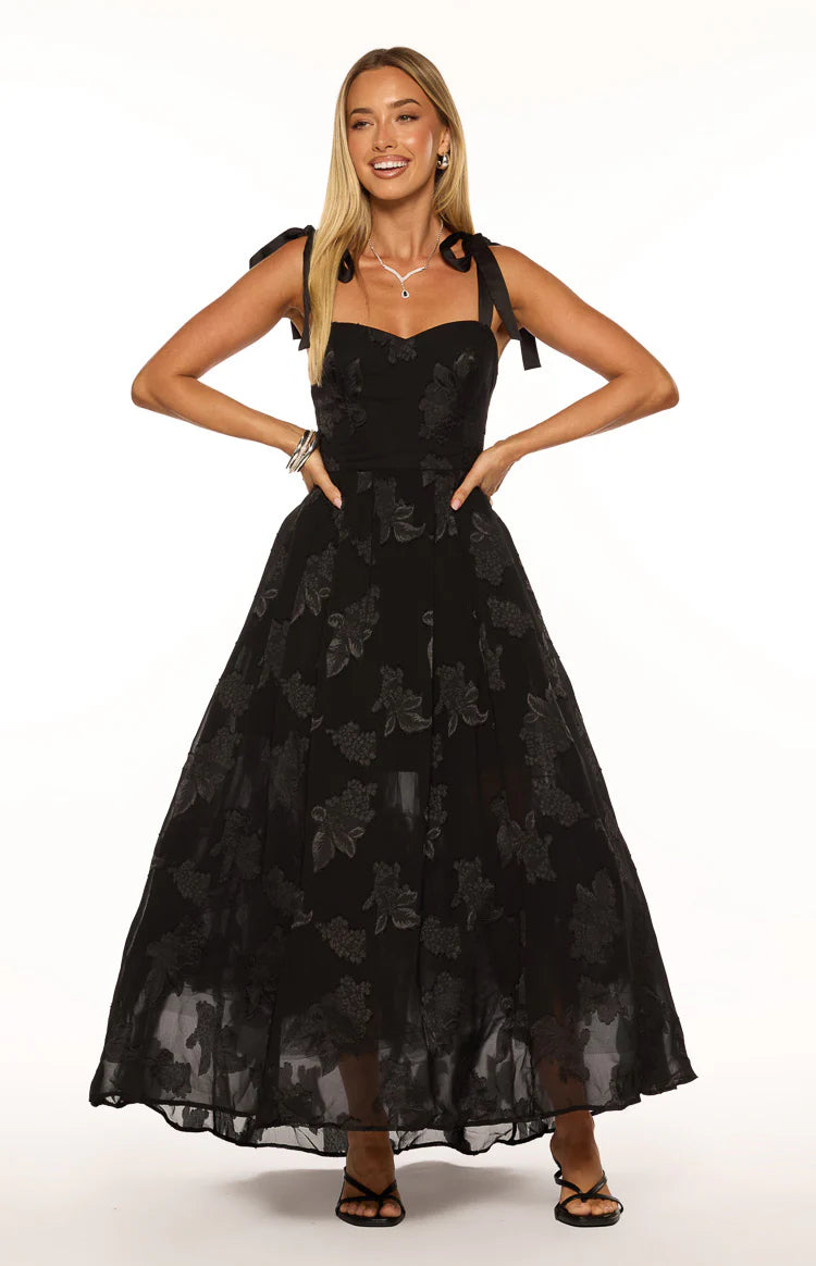 Lily Black Tie Shoulder Formal Maxi Dress