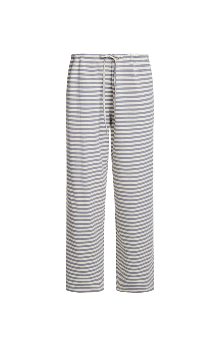 A pair of cropped lounge pants featuring a horizontal stripe pattern with alternating white and grey stripes. This pants have a relaxed straight fit ending above the ankles and are finished with an elasticized waistband and a thin white drawstring tie.