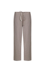Our product shot of a pair of lounge pants featuring a horizontal stripe pattern with alternating white and dark brown stripes. This pants have a relaxed straight fit cut to a full length and are finished with an elasticized waistband and a thin white drawstring tie.