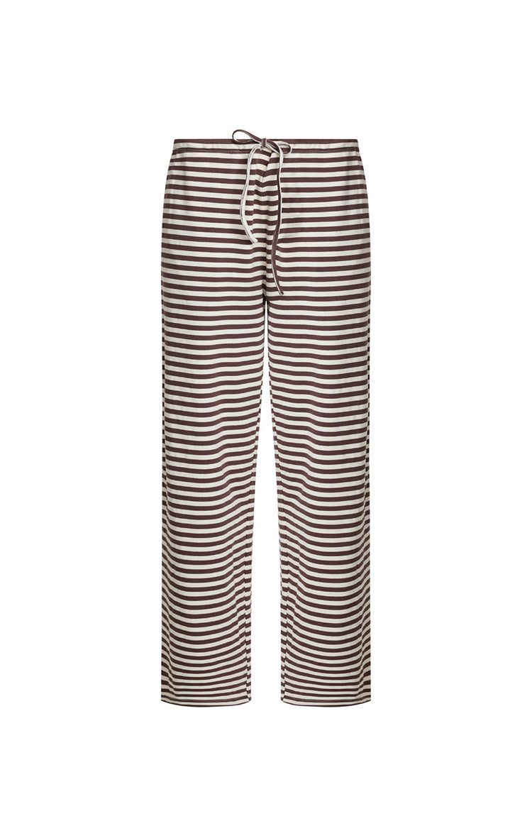 Our product shot of a pair of lounge pants featuring a horizontal stripe pattern with alternating white and dark brown stripes. This pants have a relaxed straight fit cut to a full length and are finished with an elasticized waistband and a thin white drawstring tie.