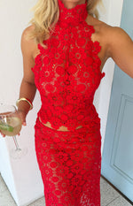 Beginning Boutique Lioness Trophy Rouge Crochet Halter Top red intricate crochet lace high halter neck sleeveless fitted top