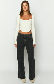 Charcoal wash relaxed fit jeans with a mid-rise, straight wide legs and tan contrast stitching