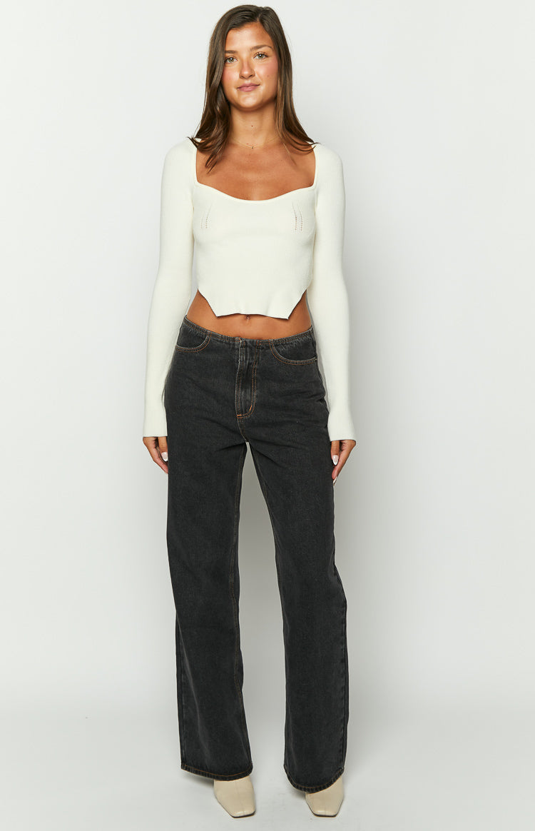 Charcoal wash relaxed fit jeans with a mid-rise, straight wide legs and tan contrast stitching