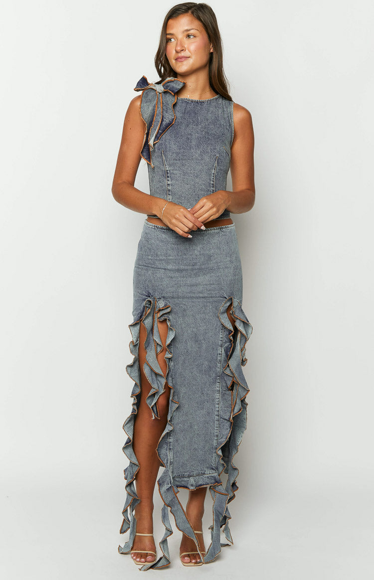 lioness denim dress Lioness Rendezvous Faded Denim Maxi Skirt
