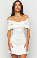 Beginning Boutique Lissy White Mini Dress white satin off-shoulder mini dress with a folded bow detail across the bust