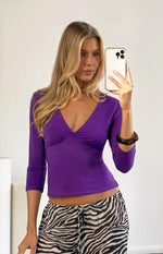 Livvy Purple 3/4 Sleeve V Neck Jersey Top